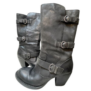 Born Black Leather Buckle Boots with Zipper, Color Black, Size Women’s 6.5M